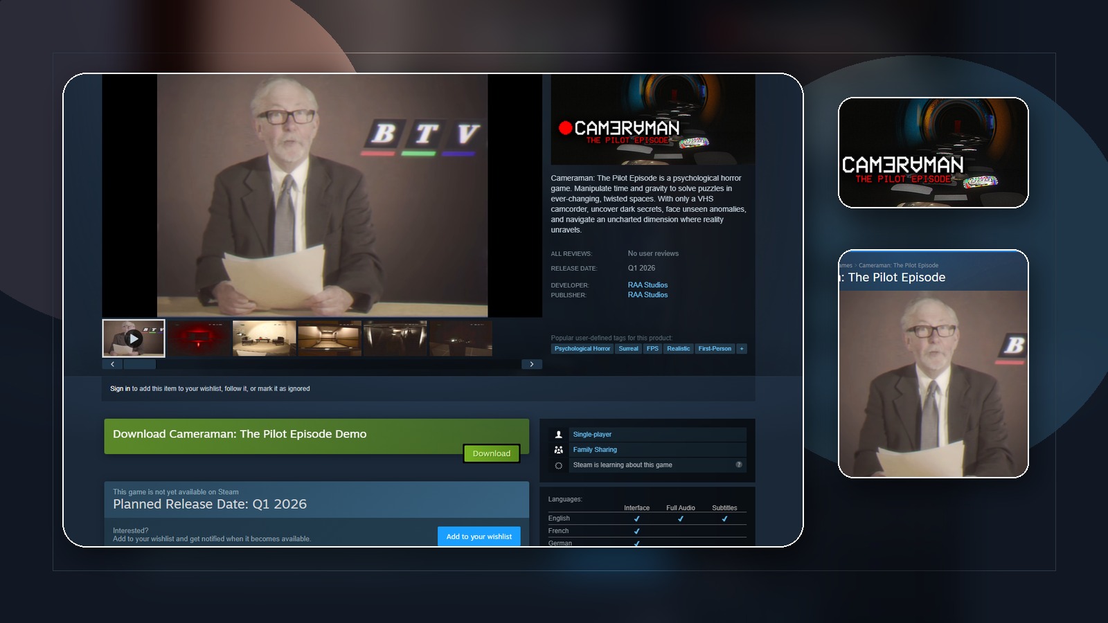 Cameraman The Pilot Episode Steam page overview