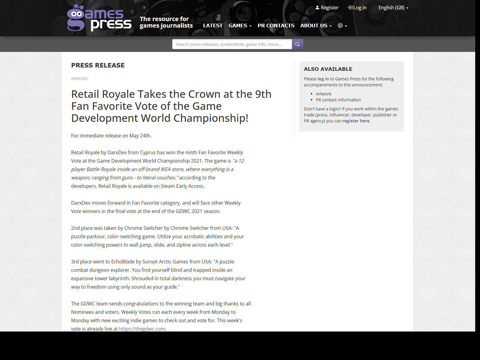 GamesPress article about Retail Royale winning a fan favorite vote